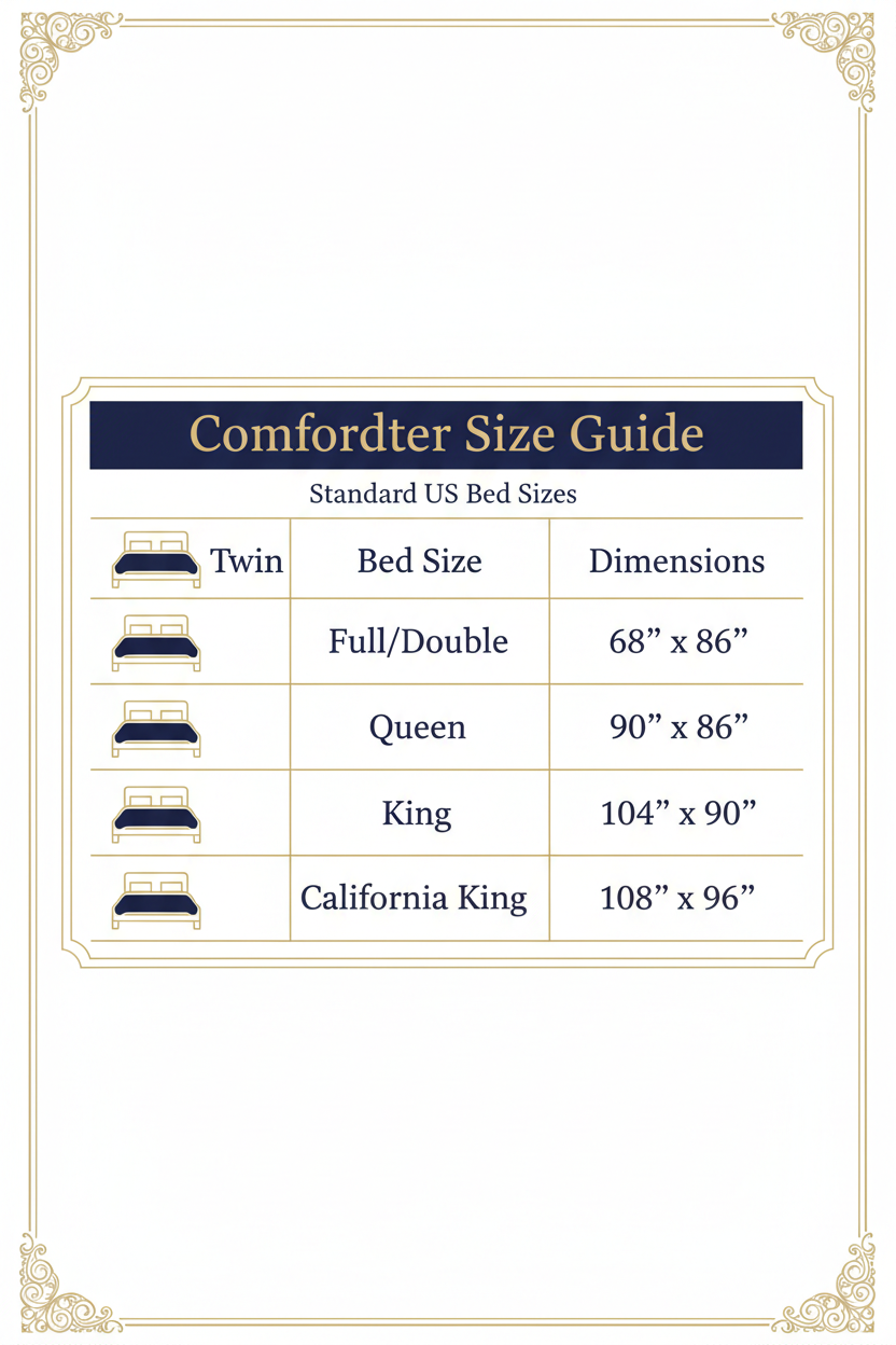 A digital size guide chart titled 'Comforter Size Guide' showing standard US bed sizes (Twin, Full/Double, Queen, King, California King) with dimensions and simple bed icons on a cream background with a decorative border.