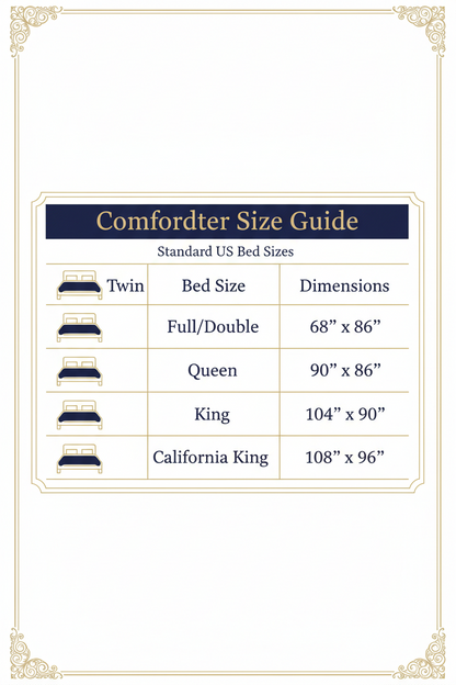 A digital size guide chart titled 'Comforter Size Guide' showing standard US bed sizes (Twin, Full/Double, Queen, King, California King) with dimensions and simple bed icons on a cream background with a decorative border.