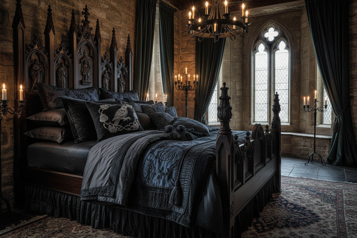 king size pillow case on a bed in a gothic setting