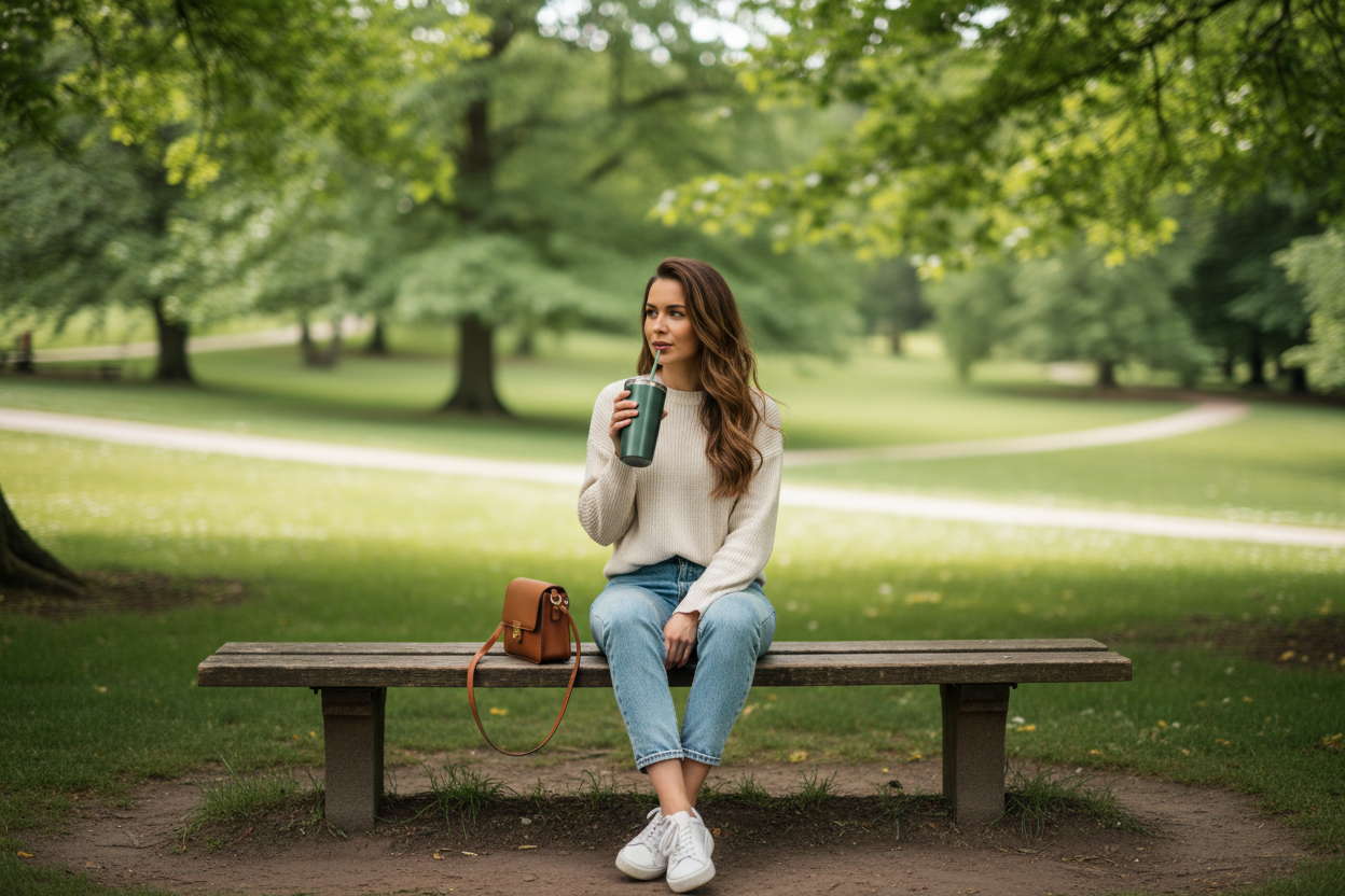 Model Holding Tumbler on a bench in the park